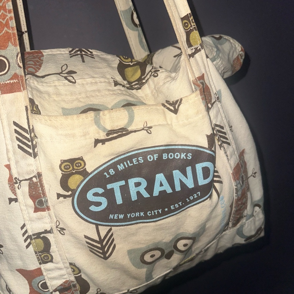 Owl Print Canvas Tote Bag in Cream and Blue